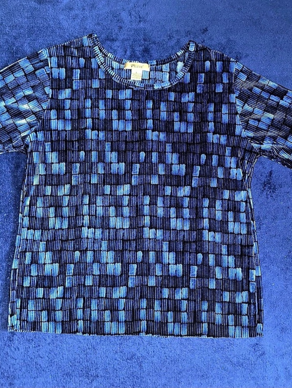 Vintage Womens Plisse Blue Patterned Geometric Short Sleeve Top Size Large L
